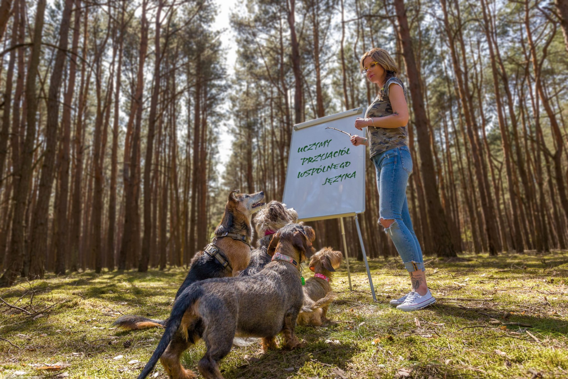 Kasia Gonera na zajęciach w lesie z psami